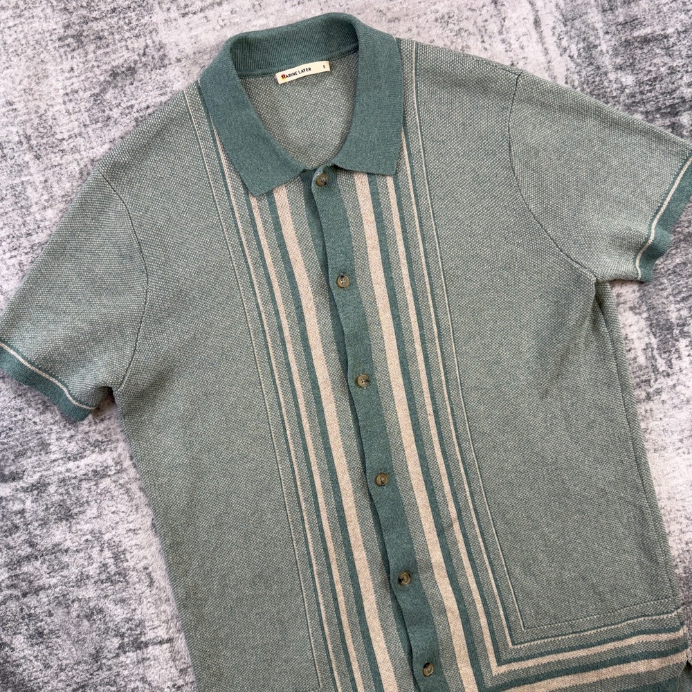 Marine Layer Ethan Sweater Button Down Mens Small Green Striped Geometric Polo
